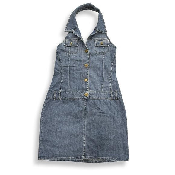 Forenza Dress Y2K Womens 12 Denim Halter Button Front Blue Jean Pockets VTG 90s - Picture 1 of 7